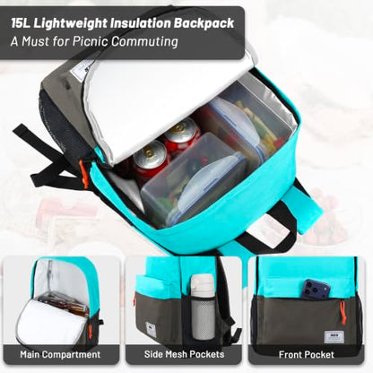 MIER Insulated Backpack Cooler Small Leakproof Lightweight Cute for Women Men to Work, Picnics, Camping, Park Day Trips, 15 L - color: Peacock blue/dark gray