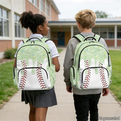 Suobstales Green Baseball Ice Cream Drip Print Kids School Backpack Heavy Duty Schoolbag Travel Casual Daypack Teens Boys Girls Back to School Gifts 17 Inch Bookbag Middle School Students Rucksack - color: Green Baseball Ice Cream Drip