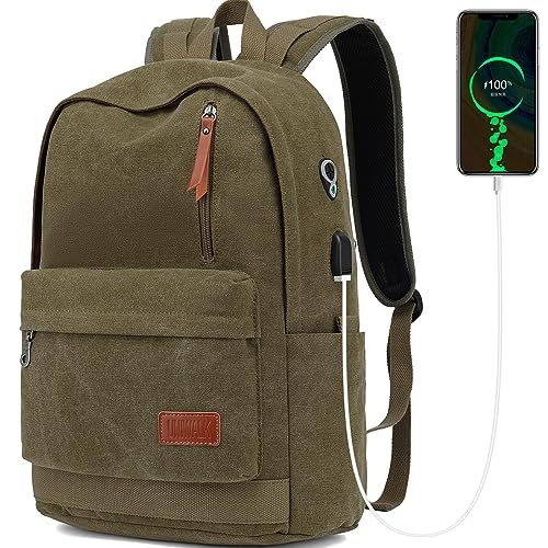 Canvas Laptop Backpack, Waterproof School Backpack With USB Charging College - color: Green