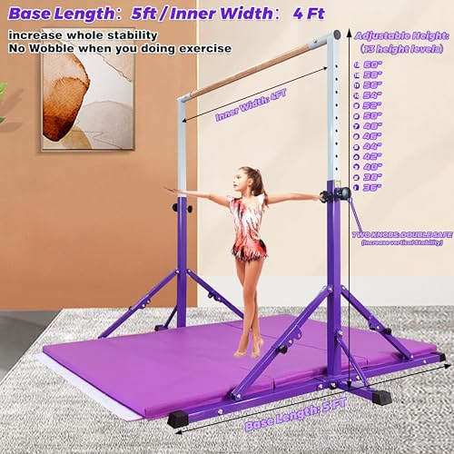 Marfula Gymnastic Bar For Kid and Teenage of 3-25, 5Ft/8 FT Base Length 4Ft Width 5Ft Adjust Height, Gymnastic Kip Bar For Gymnast, Gymnastic Training Equipment For Professional Training Home Club Use - color: Bar With Mat-Hot Purple (5 Ft Base)