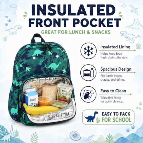 BTOOP Dinosaur Kids Backpack for Boys Girls 3-6, Cute Preschool Kindergarten Backpack with Insulated Lunch Compartment & Chest Strap, Lightweight School Travel Bag Fits A4 Folder - color: Dinosaur, size: Age 3-6 (14.5" H Fit Folder)