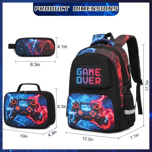 Scothen 3PCS Boys Backpack Set, Cool Backpack for Boys with Lunch Bag & Pencil Case, Kids School Bag Teen Boy Bookbag for Kindergarten Elementary Middle School with USB Charging Port - color: Red & Blue Lightning