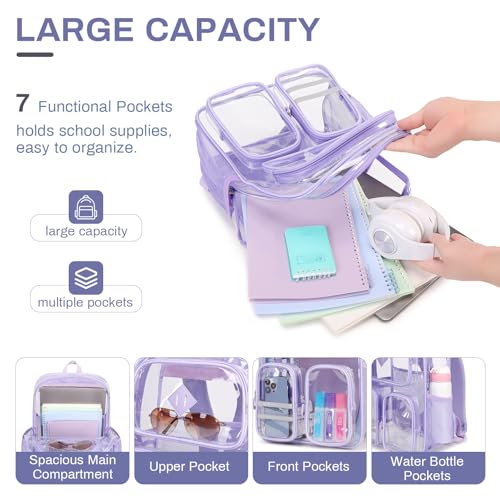 Clear Backpacks for School Heavy Duty Clear Bookbag Stadium Events Transparent Back Pack Girls Women, Purple - color: Purple