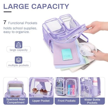 Clear Backpacks for School Heavy Duty Clear Bookbag Stadium Events Transparent Back Pack Girls Women, Purple - color: Purple