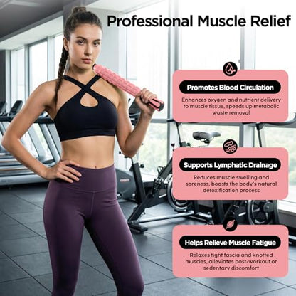 Muscle Roller & Massage Roller Stick for Athletes - Lymphatic Drainage Support, Relieves Muscle Soreness, Cramping & Tightness - Targets Legs, Arms, Back & Calves （Pink - 18inch） - color: Pink