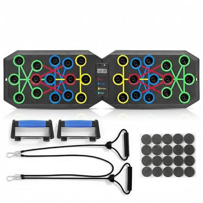 Push Up Board Fitness, BESUNTEK Foldable Multi-Function Exercise Board with Elastic Cord for Total Body Workouts, Portable Push Up Board for Floor