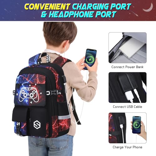 Scothen Boys Backpack, Cool Luminous School Backpacks for Boys with Lunch Bag Pencil Case, Kids Backpack Kindergarten Elementary Middle School Book Bags for Teen Boy Children with USB Charging Port - color: Cool Red-blue