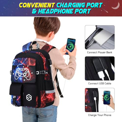 Scothen Boys Backpack, Cool Luminous School Backpacks for Boys with Lunch Bag Pencil Case, Kids Backpack Kindergarten Elementary Middle School Book Bags for Teen Boy Children with USB Charging Port - color: Cool Red-blue