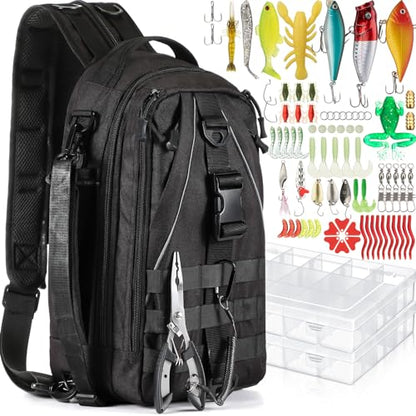 RoundFunny 85 Pcs Fishing Backpack with Tackle Boxes, Tackle Sling Bag with Rod Holder, Fish Lures and Pliers, Fish Tools Gears & Equipment Father's Day Fishing Gift for Dad Men - color: Black
