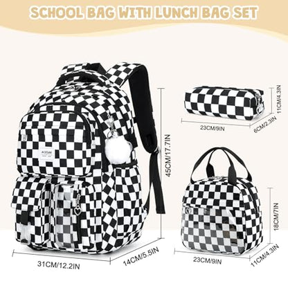 ACESAK Backpack for Girls - Girls Backpack with Lunch Bag & Pencil Pouch for Teen Kids Laptop Backpack for Women, Elementary Middle High School Bookbag Travel Daypack (Black Checkered) - color: Black Checkered