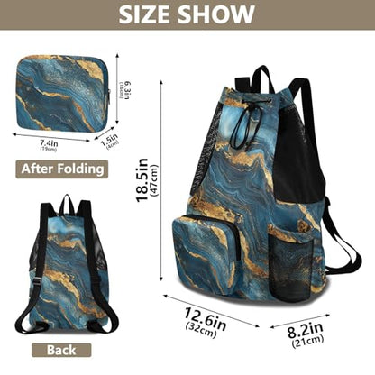 Drawstring Gym Bags Gym Sackpack With Inside Pockets String Back Pack Wet and Dry Separation Blue and Gold Marble Texture - color: Color 24