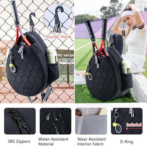 Quilted Tennis Bag for Women – Tennis Backpack & Crossbody Sling | Holds 2 Rackets or 3 Pickleball Paddles | Lightweight Badminton Racket Bag, Tennis Tote & Sports Backpack - color: Black
