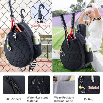 Quilted Tennis Bag for Women – Tennis Backpack & Crossbody Sling | Holds 2 Rackets or 3 Pickleball Paddles | Lightweight Badminton Racket Bag, Tennis Tote & Sports Backpack - color: Black