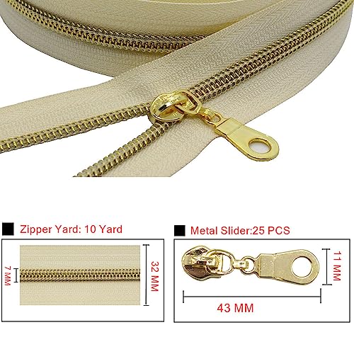 MebuZip #5 Gold Metallic Nylon Coil Zippers by The Yard Bulk Coil Zipper Roll 10 Yards with 25pcs Pulls for DIY Sewing Craft Bags (Beige) - color: Gold Beige