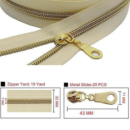 MebuZip #5 Gold Metallic Nylon Coil Zippers by The Yard Bulk Coil Zipper Roll 10 Yards with 25pcs Pulls for DIY Sewing Craft Bags (Beige) - color: Gold Beige
