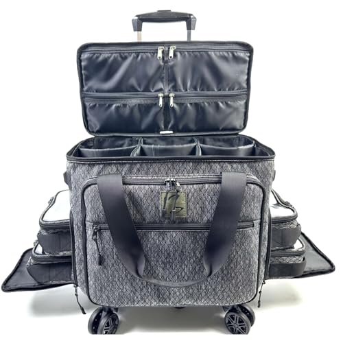 BaltFrist Rolling Makeup Bag with 4 Removable Bags，Trolley Cosmetic Bag with 5pcs 360°Rotating Wheels,Makeup Artist Travel Bag with Brushes Storage Section，Black Diamond Grid