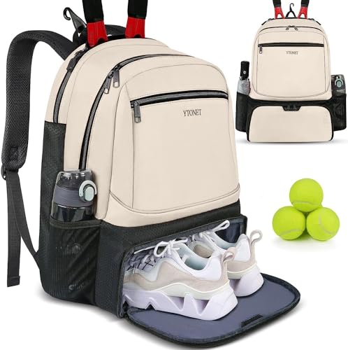 Ytonet Tennis Bag Tennis Backpack for Women Men 2 Rackets with Insulated Pocket Ventilated Shoe Compartment - color: Beige