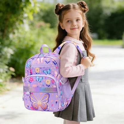 Toddler Backpack for Girls Ages 5-8, 3PCS Girls Backpack with Lunch Bag & Pencil Case - 15inch Kids School Bookbag for Preschool Kindergarten Elementary School (Purple Butterfly) - color: Purple Butterfly