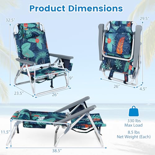 COSTWAY Portable Folding Backpack Beach Chairs Set of 2 with 5-Position Backrest, Padded Headrest, Cup Holder & Ice Bag for Lawn, Poolside (Palm Tree Green) - color: Palm Tree Green