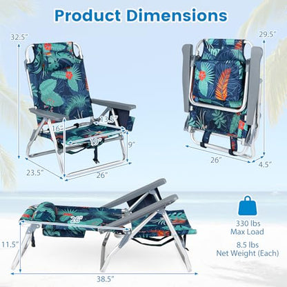 COSTWAY Portable Folding Backpack Beach Chairs Set of 2 with 5-Position Backrest, Padded Headrest, Cup Holder & Ice Bag for Lawn, Poolside (Palm Tree Green) - color: Palm Tree Green