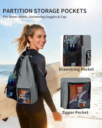 WANDF Mesh Swim Bag, Drawstring Beach Backpack - color: Grey, size: Large