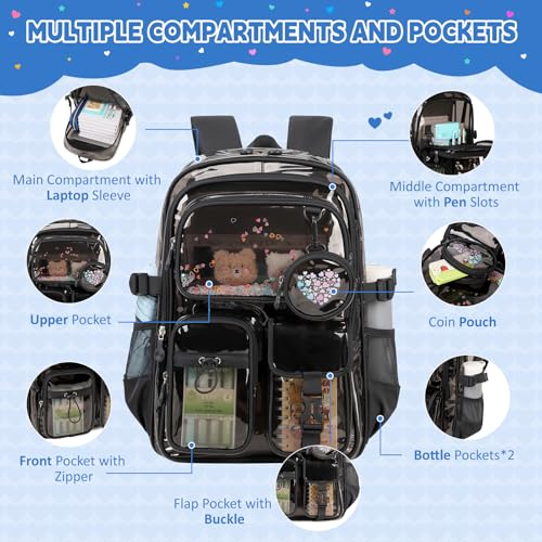 Clear Backpacks for Stadium Events Heavy Duty Clear Bookbag for School Girls Transparent Back Pack, Black Semitransparent - color: Black Semitransparent