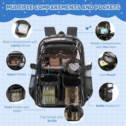 Clear Backpacks for Stadium Events Heavy Duty Clear Bookbag for School Girls Transparent Back Pack, Black Semitransparent - color: Black Semitransparent