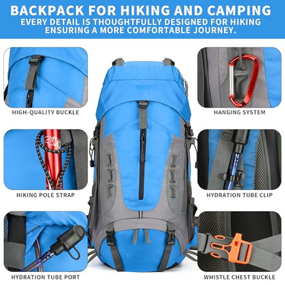 75L Hiking Backpack with Rain Cover Waterproof Camping Backpack Shoes Warehouse for Men Women, Frameless - color: Blue, size: 60L