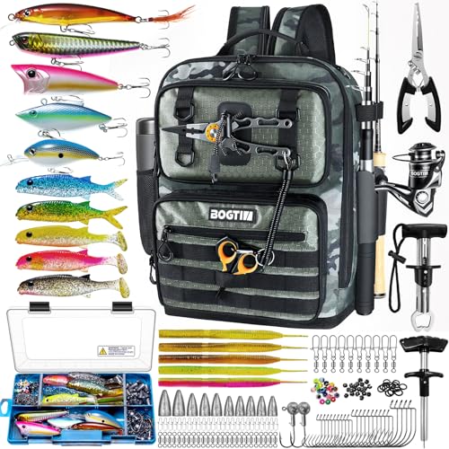 Fishing Backpack with Tackle Boxes and Rod Holders, Fishing Bag wtih Fishing Lure Kit Water-resistant Sling Tackle Bag Store Gear and Equipment, Bait Gifts for Men Woman Anglers-Green Camo Backpack - color: Green