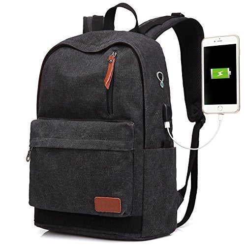 Canvas Laptop Backpack, Waterproof School Backpack With USB Charging College - color: Black