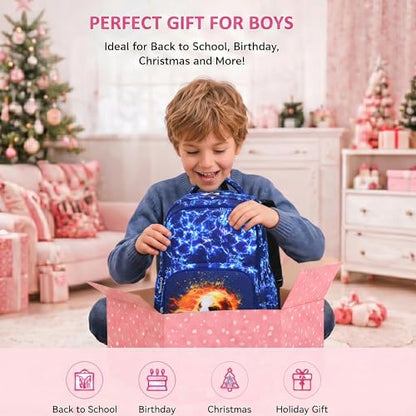 3PCS Kids Backpack Set, School Backpack with Lunch Bag & Pencil Case, Lightweight Waterproof Bookbag for Kids (Flame Soccer Blue) - color: Flame Soccer Blue