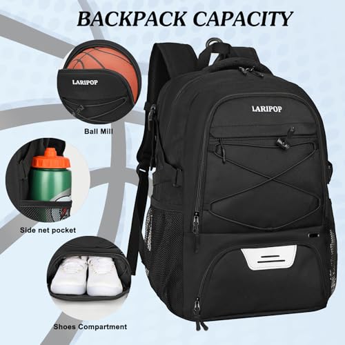 LARIPOP Basketball Backpack Large Basketball Bag with Ball Holder & Shoe Compartment for Adults Men Women - color: Black