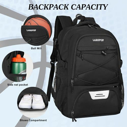 LARIPOP Basketball Backpack Large Basketball Bag with Ball Holder & Shoe Compartment for Adults Men Women - color: Black