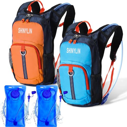 Shinylin 2 Pcs Kids Hydration Backpack with 1.5L Water Bladder Lightweight Kids Hiking Backpack Water Rucksack for Boys Girls Climbing Running - color: Blue, Orange, style: Classic