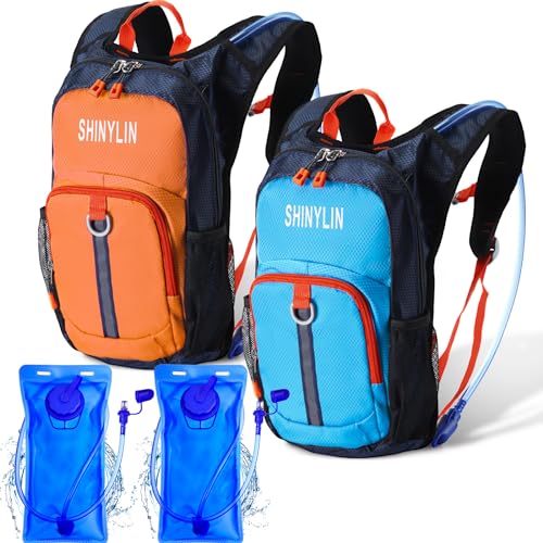 Shinylin 2 Pcs Kids Hydration Backpack with 1.5L Water Bladder Lightweight Kids Hiking Backpack Water Rucksack for Boys Girls Climbing Running - color: Blue, Orange, style: Classic