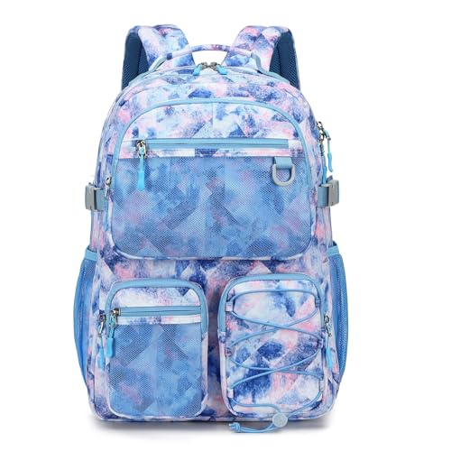 Lohol Multi-Pocket Backpack for School College Travel, Heavy Duty Big Bookbag with 15.6 inch Laptop Compartment (Blue Pink Tie-Dye - color: Blue Pink Tie-dye