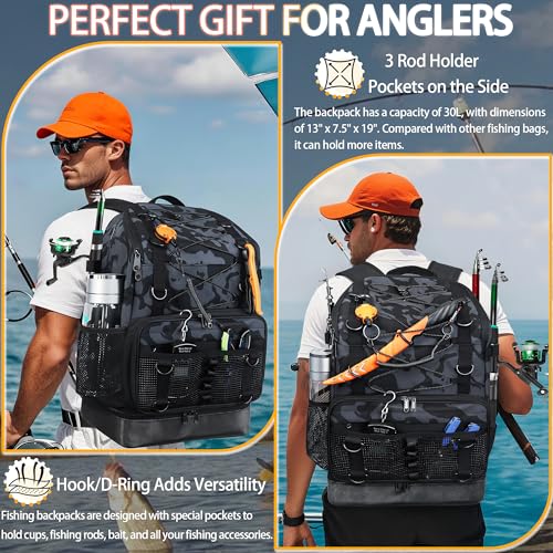 Fishing Backpack with Rod Holder, Heavy Duty Fishing Bag with Waterproof Bottom, Tackle Backpack Gifts for Man Woman-Black Camo - color: Black Camo