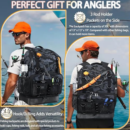 Fishing Backpack with 4 Tackle Boxes, Heavy Duty Fishing Bag with Waterproof Bottom, Tackle Backpack Gifts for Man Woman-Camo Black - color: Camo Black