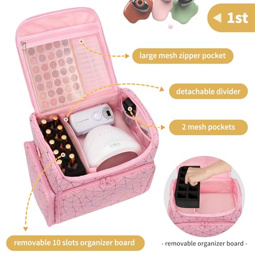 CUBETASTIC Extra Large Nail Polish Organizer Case Holds 86 to 100+ Bottles Nail Polish & Nail Lamp, Nail Supplies Storage Carrying Bag with 2 Removable Pouches (Triangle Pink, 86 Slots) - color: Triangle Pink