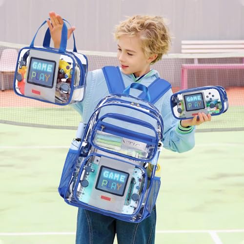 ACESAK Clear Backpack for Boys Girls - 3 Pcs Clear Heavy Duty with Lunch Bag - See Through Backpack Stadium Approved - color: Blue Game