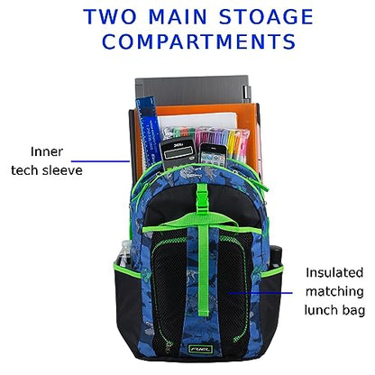 FUEL Lunch Backpack Set Teens Student Water Resistant Bookbag Bag Soft Reusable Insulated Cooler Lunch Box Thermal Travel Office Lunch Bag, Dinosaur Black Blue - color: Blue Dinosaur