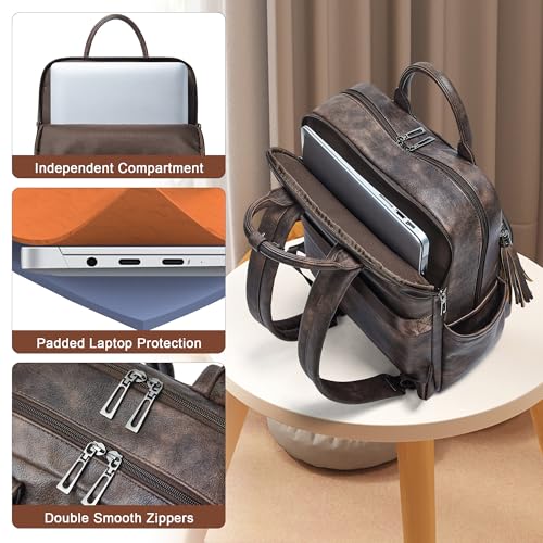 Shrrie Laptop Backpack for Women 15.6 inch Travel Leather Backpack Purse Work Computer Backpacks for Business College Coffee - color: Coffee