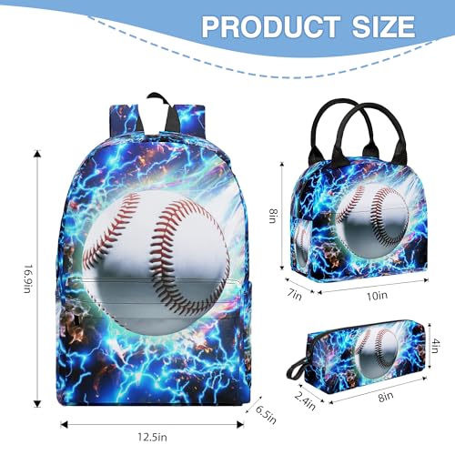 3PCS Backpack for Boys Girls, Kids Back To School Backpack Sets with Lunch Bag Pencil Case, Large Capacity 17 Inch Bookpack 3 in 1 Set for Teens Elementary Middle High School Students (Baseball) - color: Blue Baseball