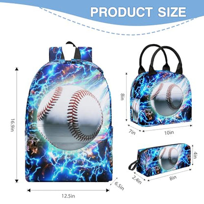 3PCS Backpack for Boys Girls, Kids Back To School Backpack Sets with Lunch Bag Pencil Case, Large Capacity 17 Inch Bookpack 3 in 1 Set for Teens Elementary Middle High School Students (Baseball) - color: Blue Baseball