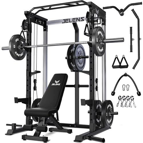 JELENS C21 Power Cage, 2000LBS Multi-Function Power Rack with Independent Dual Pulley System, All-in-One Squat Rack for Cable Crossover, Home Gym Workout Machine - color: Black, size: 230LBS Black Weights Package