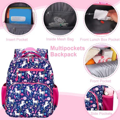 RHCPFOVR Kids Backpack for Girls - Girls Backpack 3-8 Ages Butterfly for Kids 15 Inch School Bookbag for Kindergarten Elementary School Bookbag for Girl 1st 2nd Grade - style: Deep Blue Unicorn