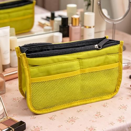 1 Piece Purse Organizer Insert, Foldable Bag in Bag Organizer, Multi-Pocket Tote Organizer, with Handheld Design, for Digital Accessories, Cosmetics (Yellow) - color: Yellow
