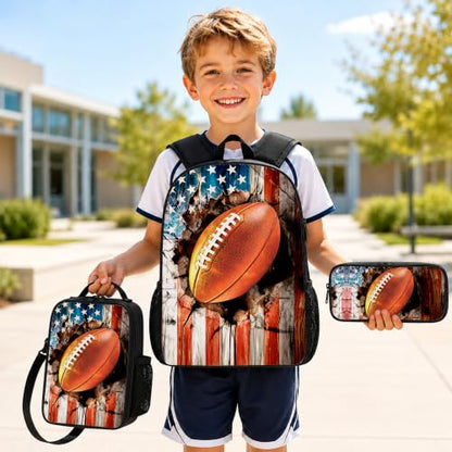 3PCS Football Backpack for Boys Girls Teens, School Backpack with Lunch Box Pencil Case for Elementary Middle High Students, 17 Inch Lightweight Bookpack 3 in 1 Set Back to Shool Supplies for Kids - color: American Flag Football S01