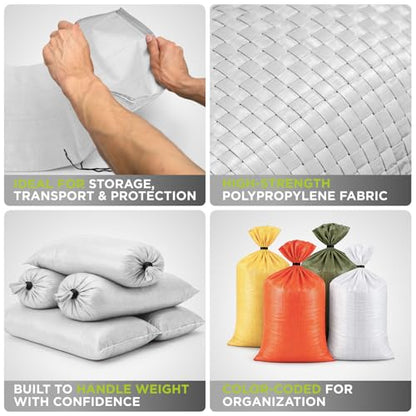 Heavy Duty Sand Bags Pack of 24, White Empty Sandbags with Built-In Ties, Woven Polypropylene UV Protection 1600 Hours, Fillable Bags for Flood Control, Weight, 12x20 inches, 25 Pounds Volume - size: 12"W x 20"L, style: Pack of 24