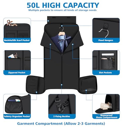 Convertible Garment Bags for Travel - Carry on Garment Duffle Bag with Backpack Straps for Men Women, 4 in 1 Large Travel Duffel Bags with Shoes Compartment Hanging Suit Dress Weekender Bag 3pcs Set - color: C-Black